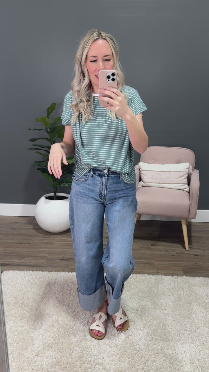 Kimber Striped Gathered Sleeve Top - Teal FINAL SALE PS Kate