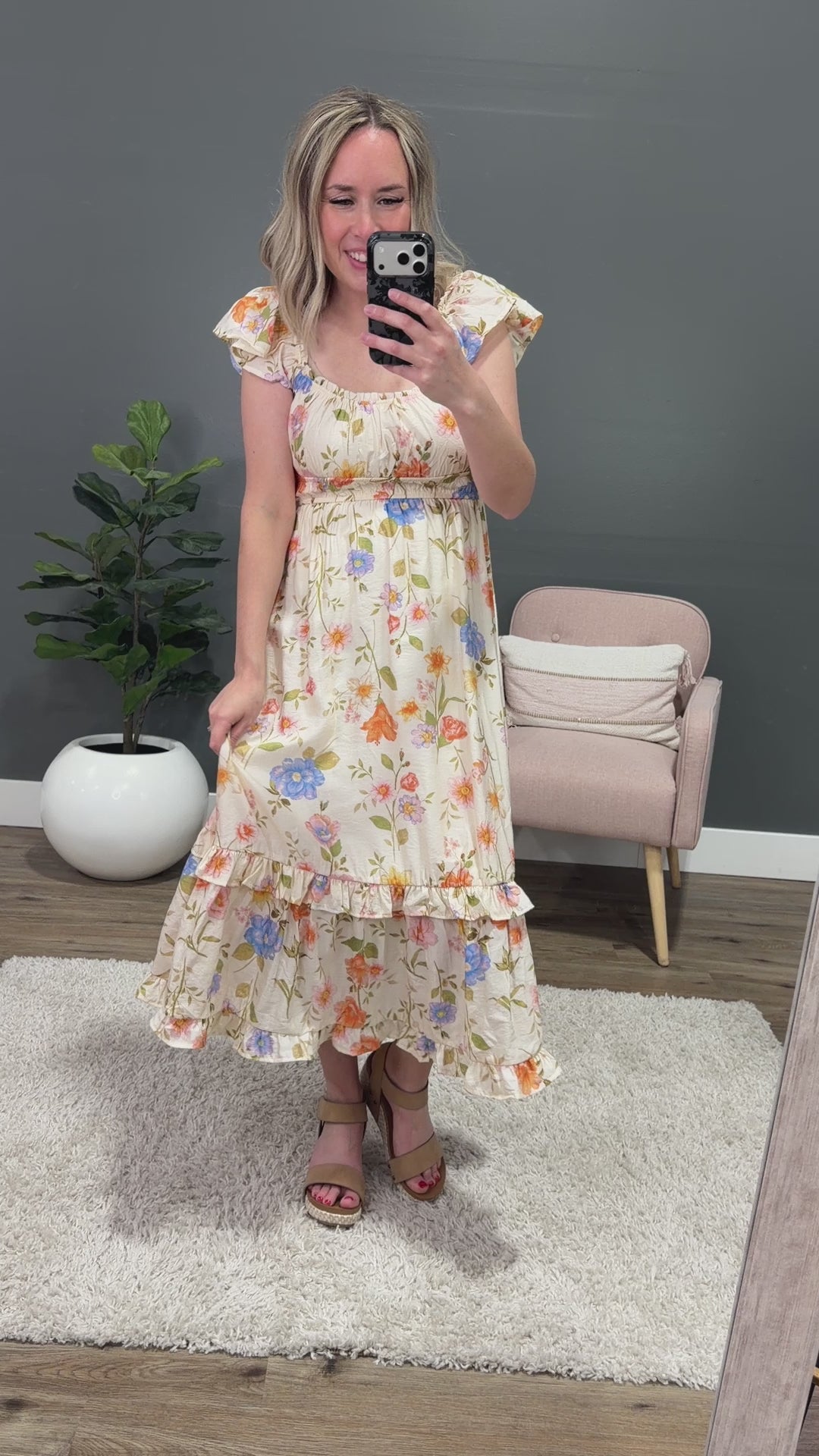 NEW! Selena Floral Flutter Sleeve Midi Dress Mine