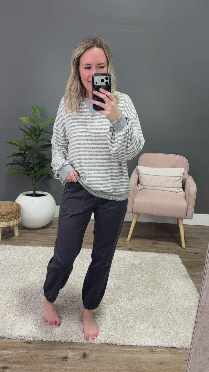 Gianna Striped Drop Shoulder Top - Heather Gray Lovely Melody