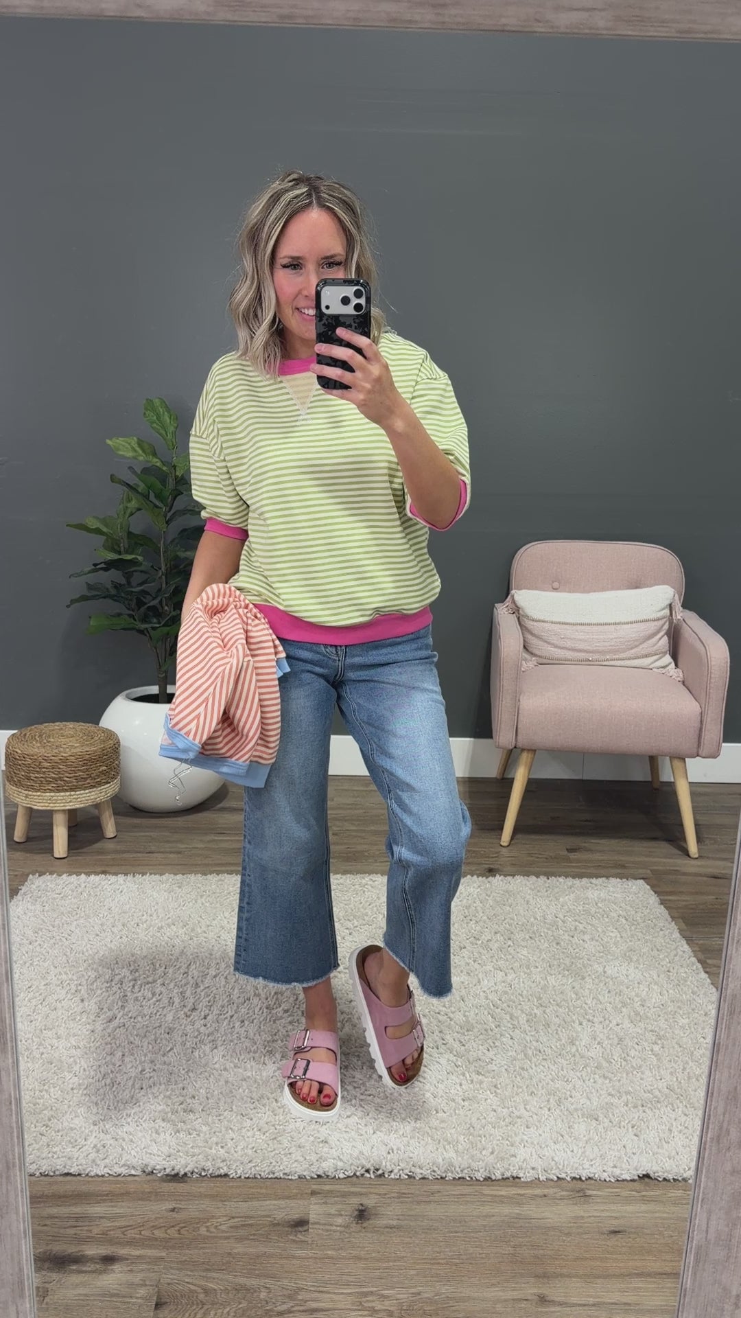 Jillian Striped Half Sleeve Top - Peach & Blue Staccato