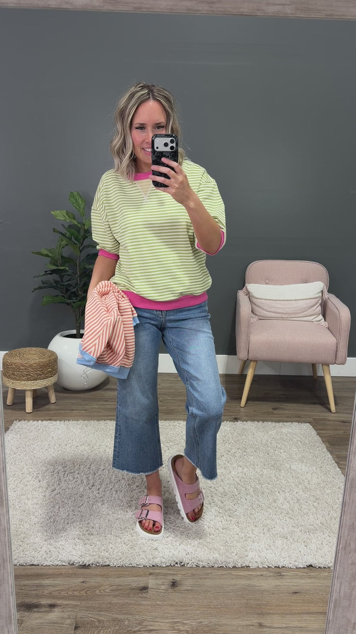 Jillian Striped Half Sleeve Top - Peach & Blue Staccato